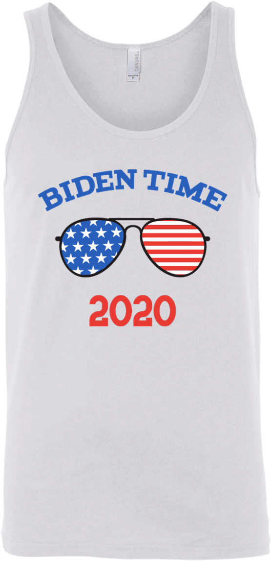 喬·拜登 桌布 壁紙 — 白色背心，上面有藍色「BIDEN TIME」文字，太陽眼鏡帶有美國國旗鏡片，下方有紅色「2020」。