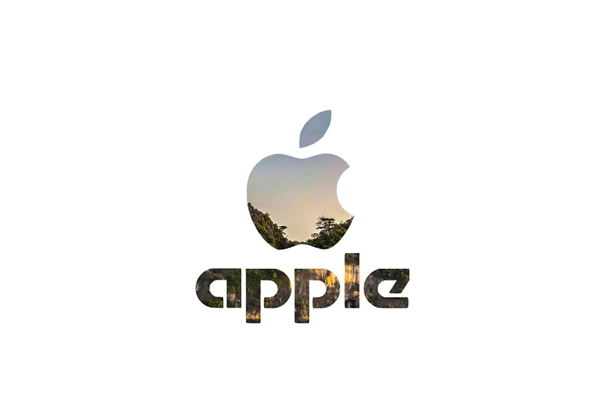 Apple 標誌，咬痕和字母內有日落森林。 — 蘋果標誌 GIF 壁紙