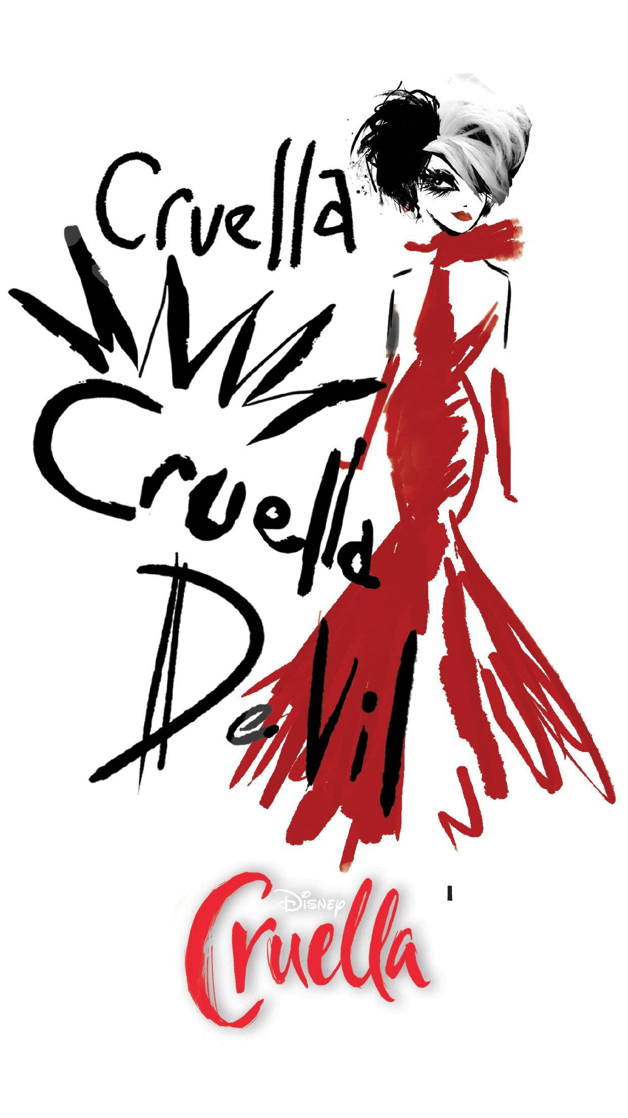 Cruella 桌布 壁紙 — 白色背景上，Cruella de Vil 穿著大膽的紅色連衣裙，搭配黑白頭髮的風格化插圖。