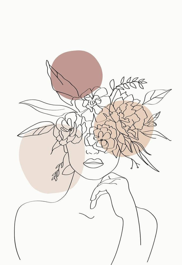 Aesthetic Drawings 桌布 壁紙 — 白色背景上，一位戴著花冠的女性極簡線條畫，帶有柔和腮紅色調。