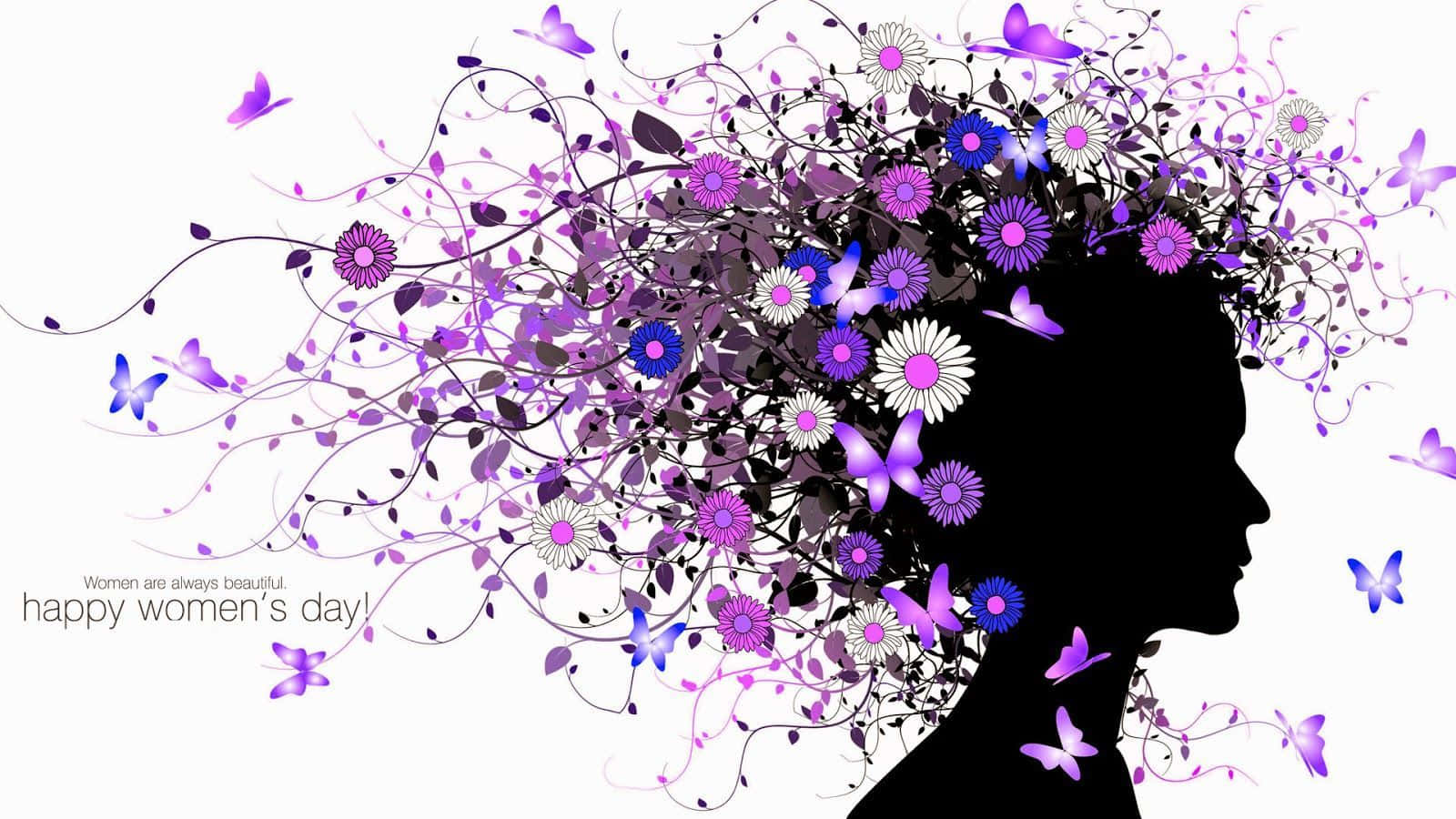 Flowers 桌布 壁紙 — 白色背景上，一個女人的頭部剪影，充滿紫色花朵、蝴蝶和藤蔓。
