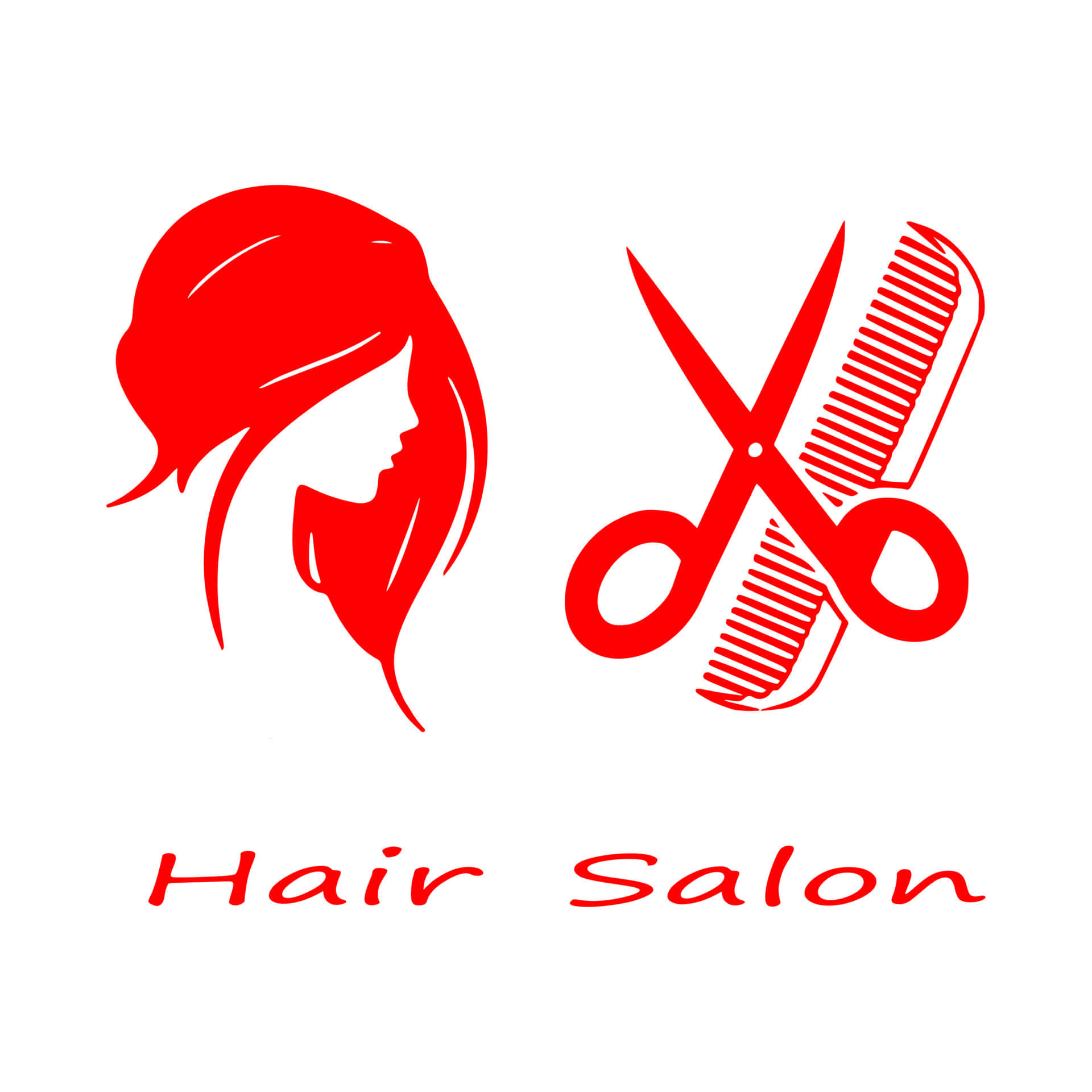 Beauty Salon 桌布 壁紙 — 白色背景上，一個女性頭部帶有飄逸頭髮的醒目紅色剪影，旁邊是交叉的剪刀和梳子。