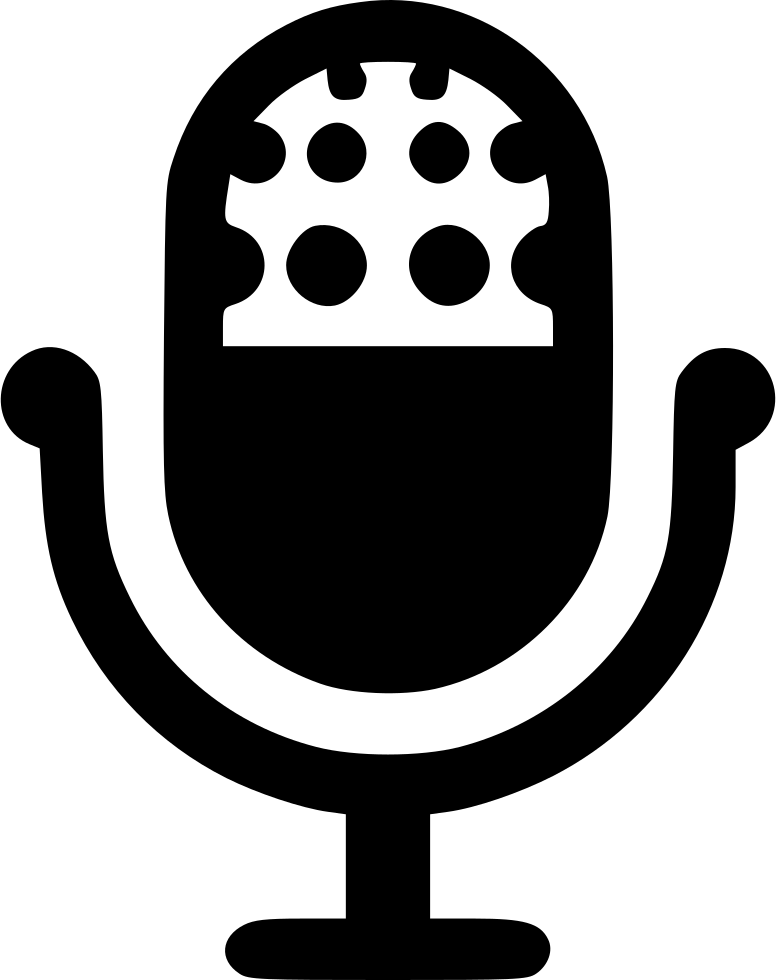 Podcast 桌布 壁紙 — 白色背景上，一個帶有圓形網格和彎曲支架的復古麥克風的醒目黑色剪影。