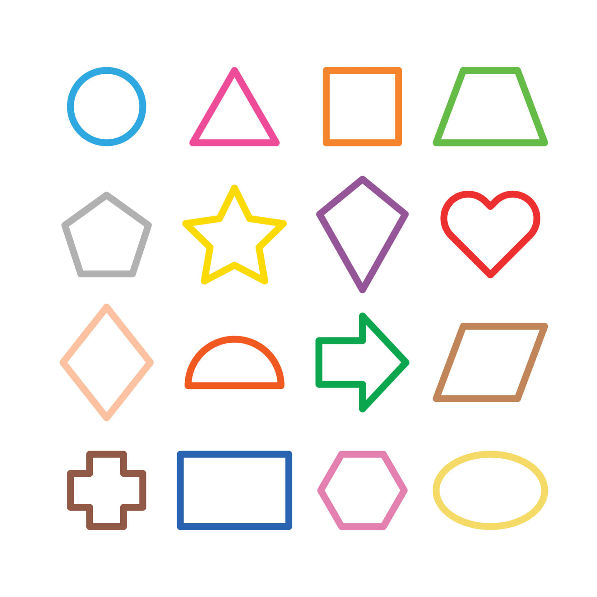 Shapes 桌布 壁紙 — 白色背景上，一個由彩色輪廓幾何形狀（包括圓形、三角形、正方形和心形）組成的網格。
