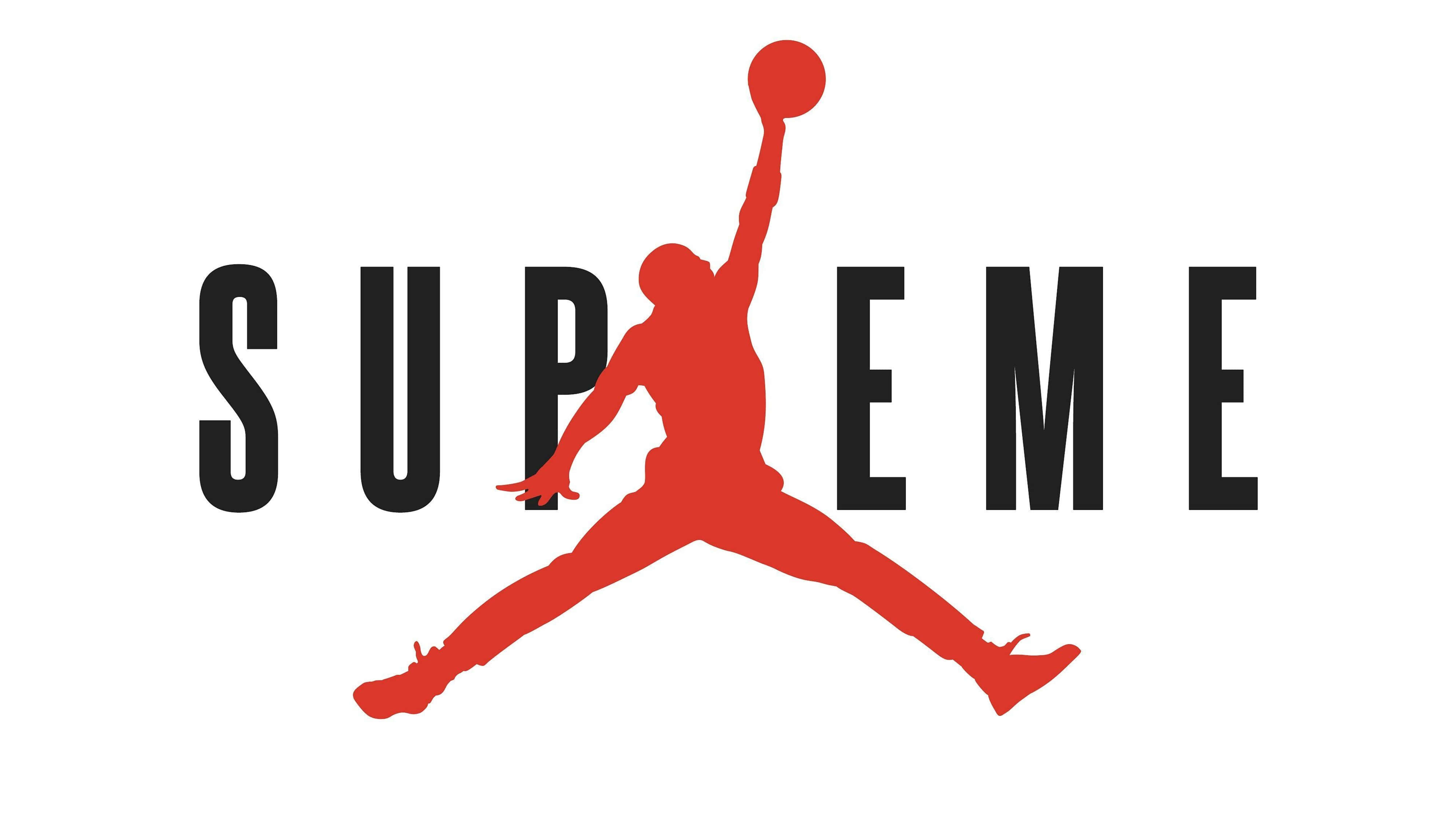 supreme aesthetic 桌布 壁紙 — 白色背景上，一個紅色剪影的籃球運動員在半空中灌籃，下方是粗體黑色字母的SUPREME字樣。