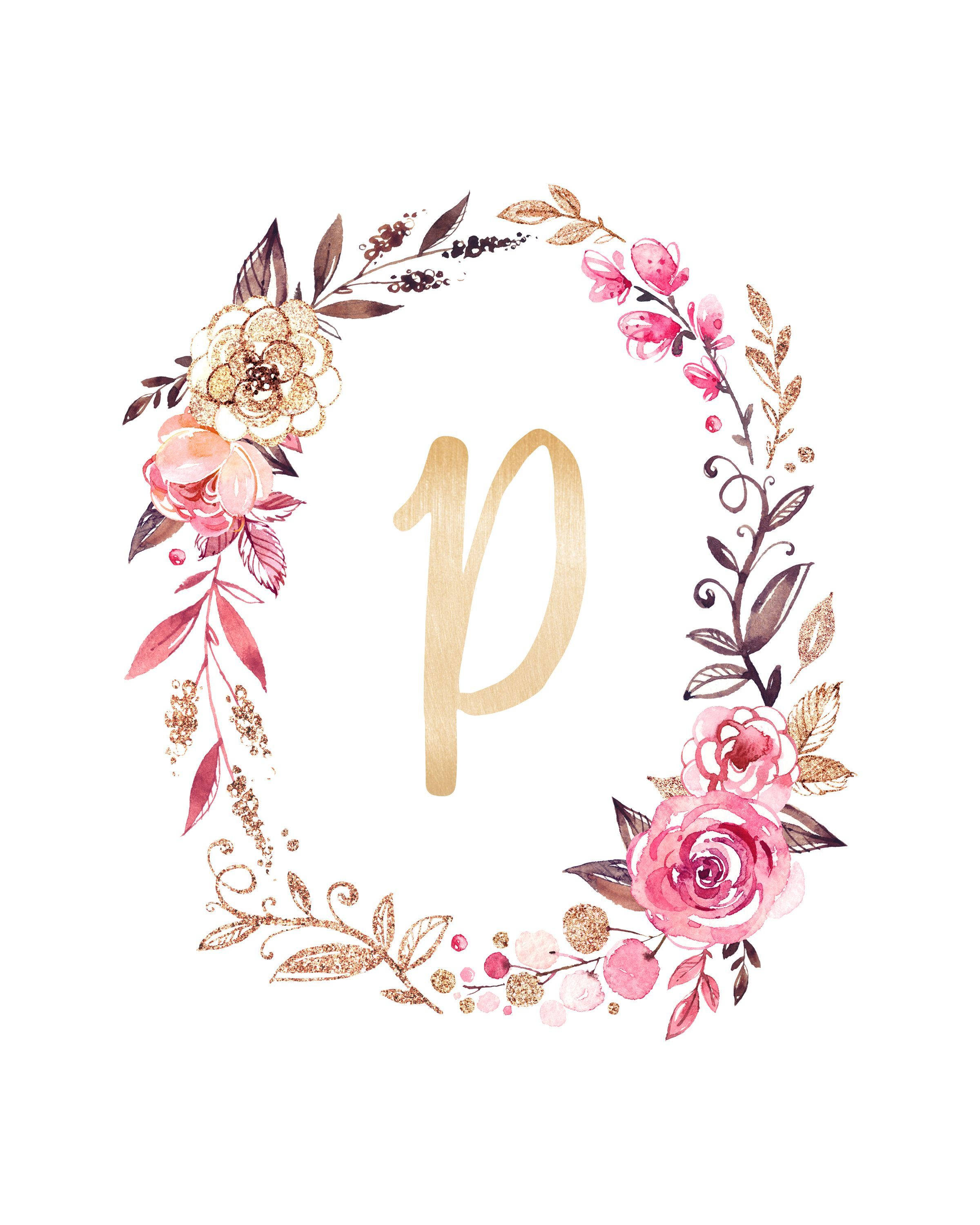 字母P 桌布 壁紙 — 白色背景上，一個金色字母P位於圓形花環中央，花環有粉紅玫瑰和閃爍金色點綴。