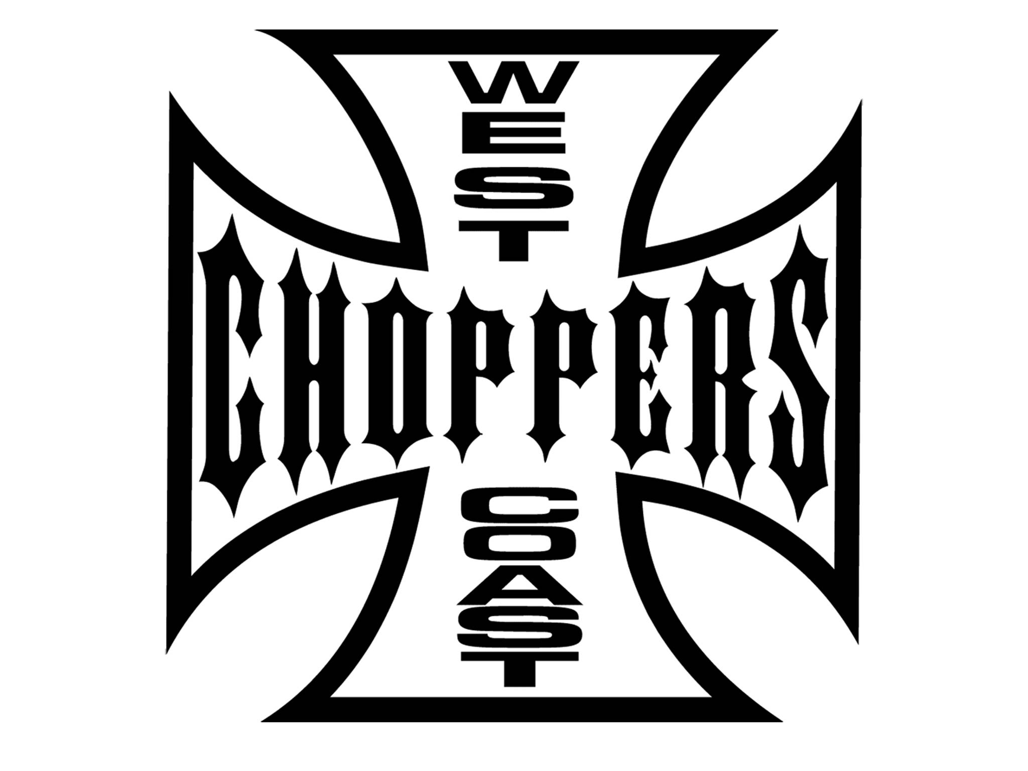 Choppers 桌布 壁紙 — 白色背景上，一個風格化的十字徽章內，粗體黑色哥德文字拼出「WEST CHOPPERS」。