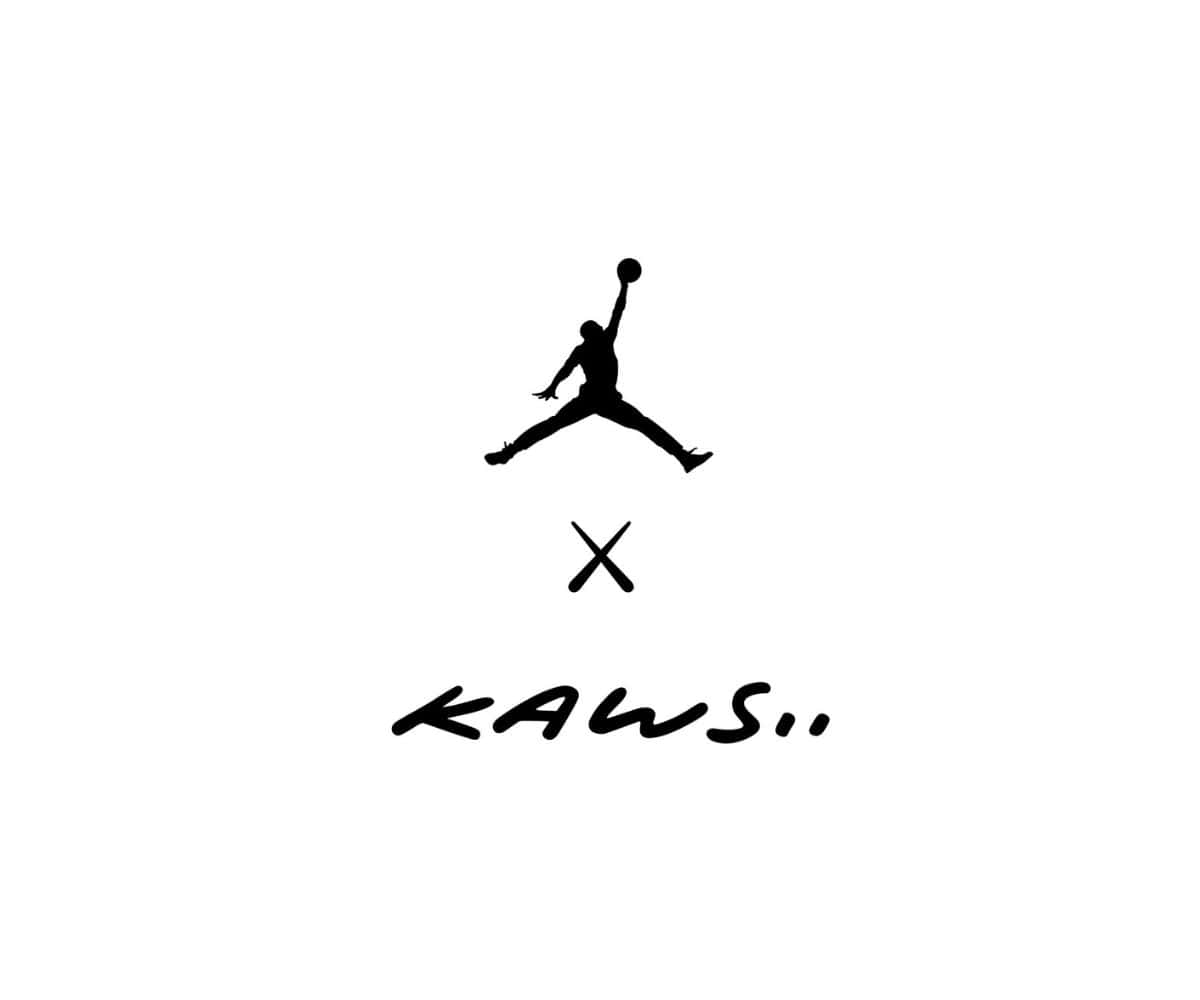 Kaws X Air Jordan 桌布 壁紙 — 白色背景上，一個黑色剪影的籃球運動員在半空中持球，上方有十字架符號和手寫KAWS簽名。