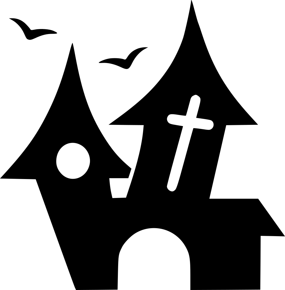 Haunted House Halloween 桌布 壁紙 — 白色背景上，一座帶有十字架和兩隻飛鳥的教堂的極簡黑色剪影。