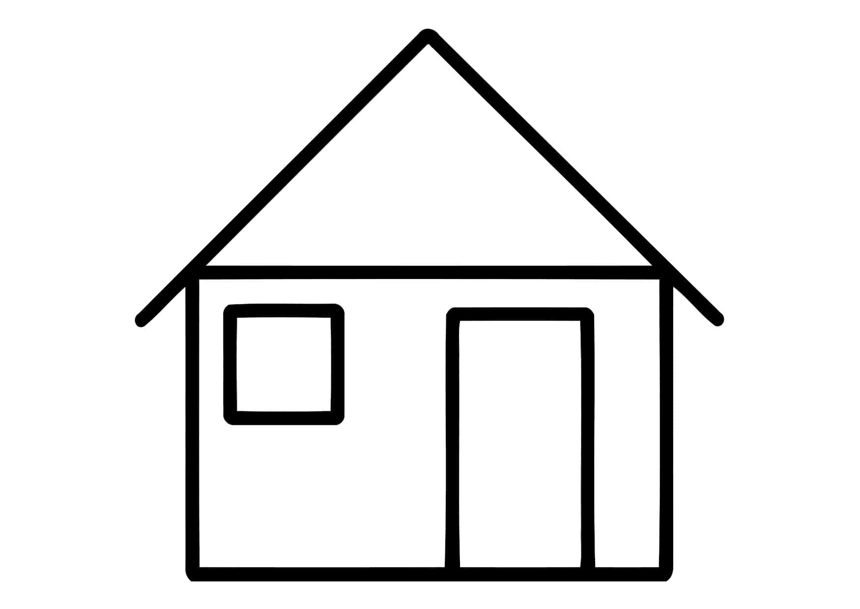 House Colouring 桌布 壁紙 — 白色背景上，一間擁有三角形屋頂、正方形窗戶和長方形門的房子的極簡黑色輪廓。
