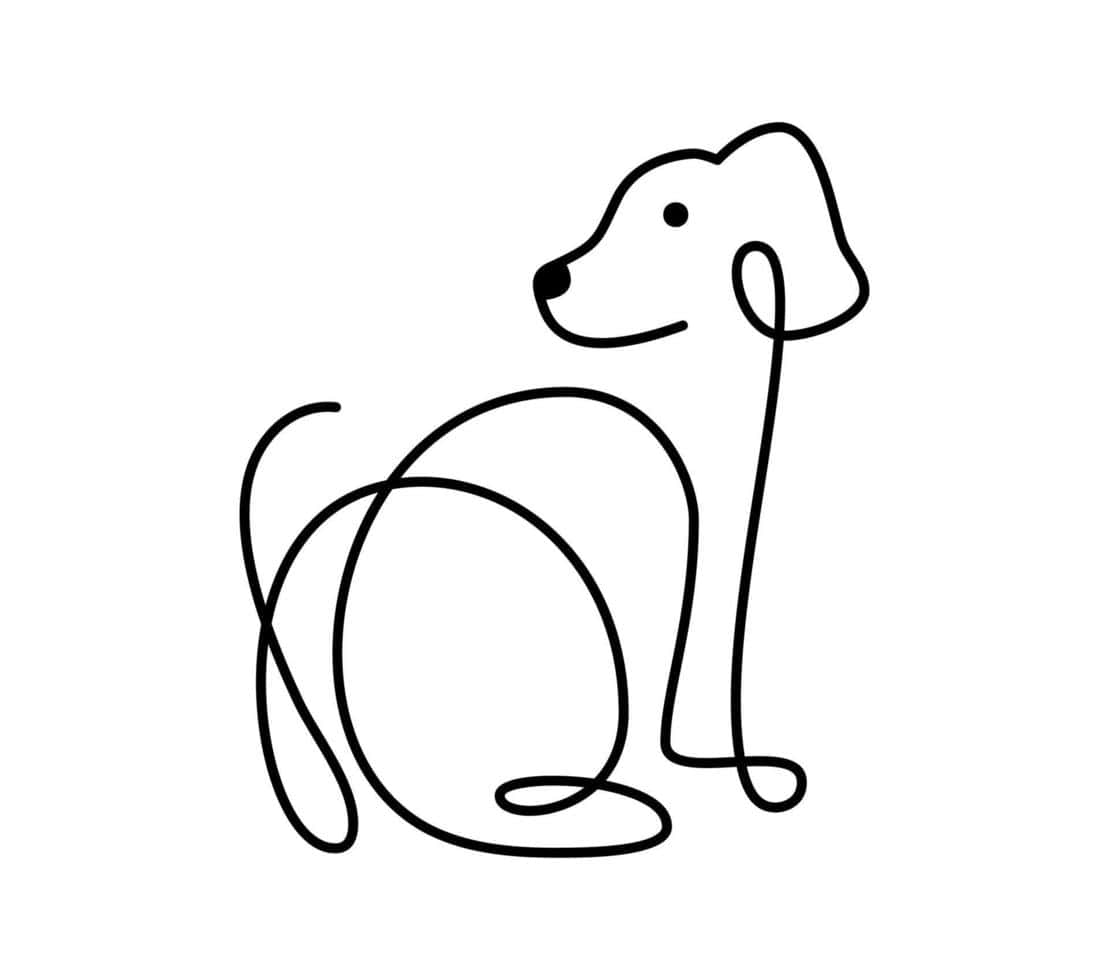 Easy Dog 桌布 壁紙 — 白色背景上，一隻坐著的狗，有垂耳和彎曲尾巴的極簡黑色線條畫。