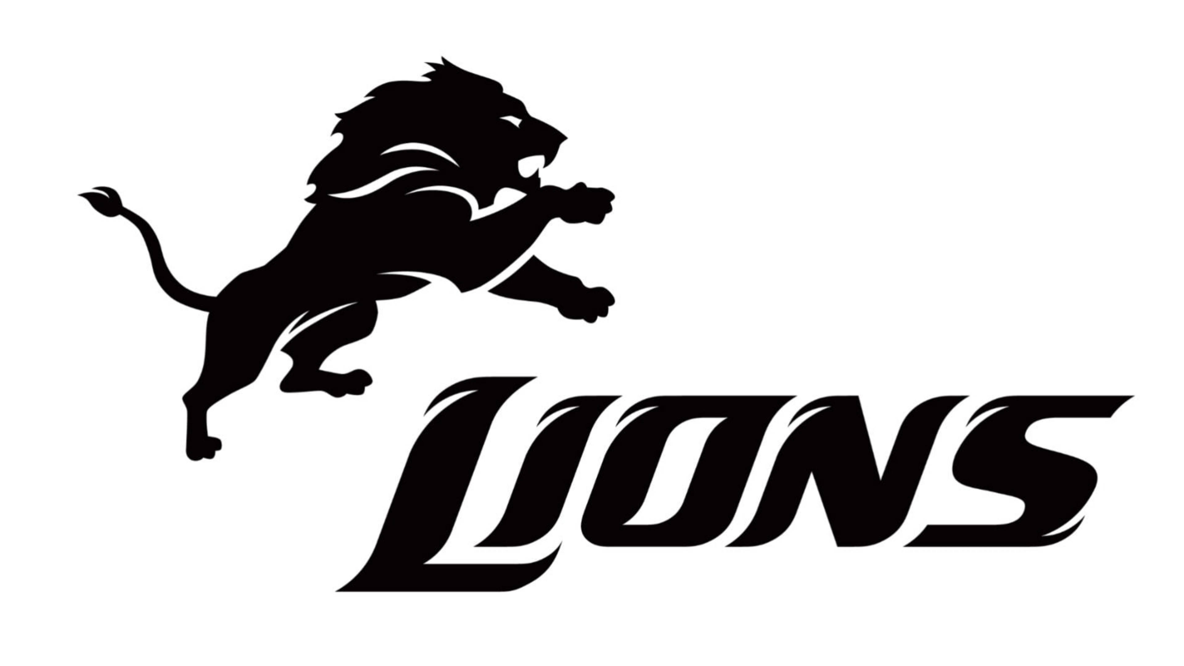 底特律雄獅 桌布 壁紙 — 白色背景上，以風格化字體顯示「LIONS」字樣上方，一隻跳躍獅子的醒目黑色剪影。