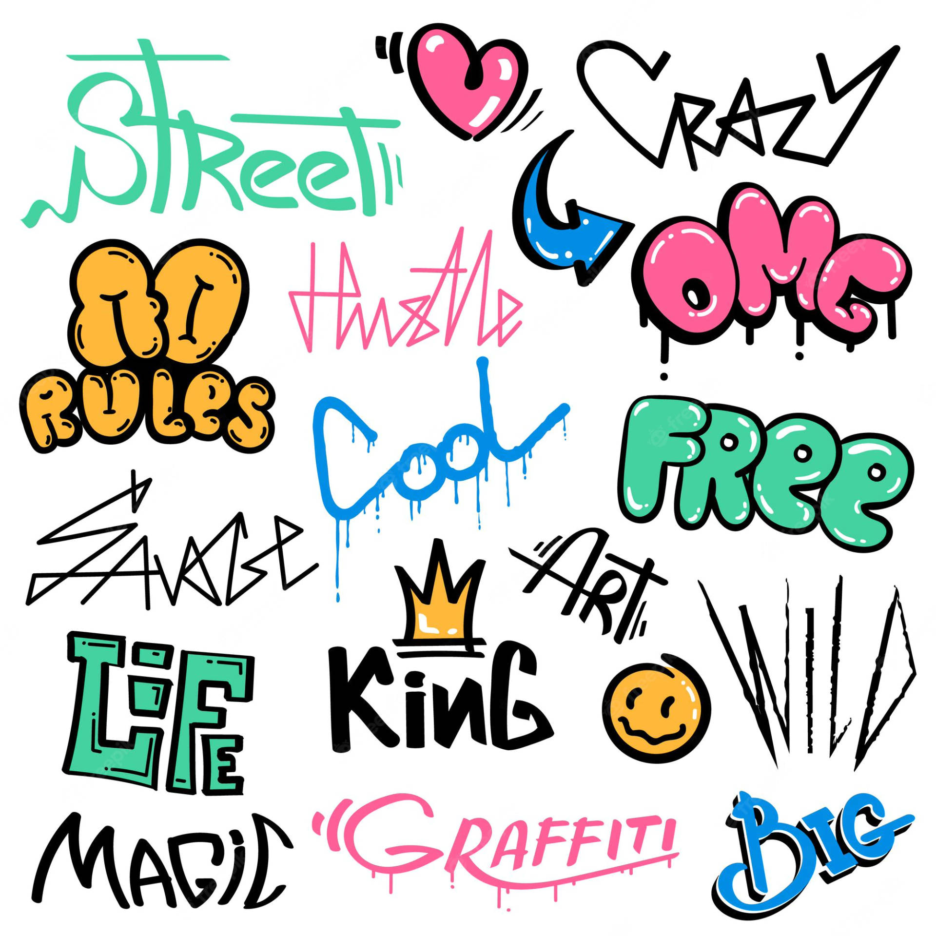 受塗鴉啟發的文字藝術，包含「Street」、「Crazy」和「Graffiti」等短語，色彩明亮。