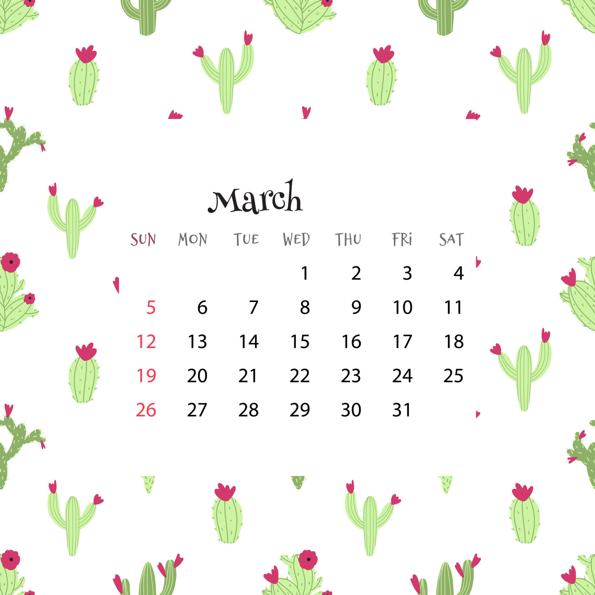 March 桌布 壁紙 — 白色背景上，可愛的綠色仙人掌與粉紅色花朵圍繞的三月日曆。