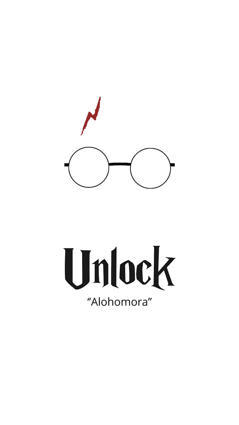 Harry Potter Black And White 桌布 壁紙 — 白色背景上，圓形眼鏡帶有紅色閃電和文字 unlock alohomora 的極簡黑色線條畫。
