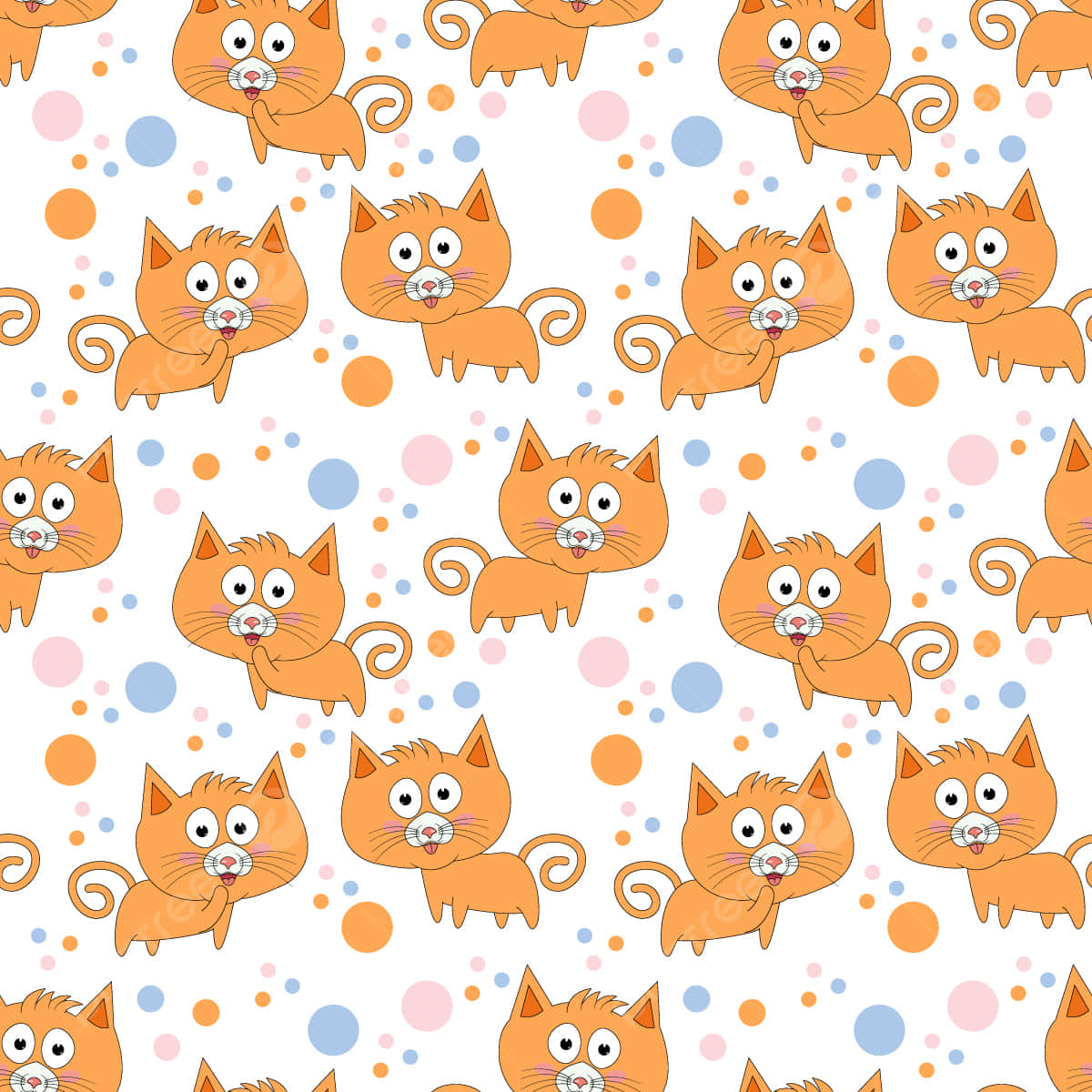 Cute Cat Pattern 桌布 壁紙 — 白色背景上，在柔和圓點圖案中重複的可愛橙色卡通貓咪圖案，帶有粉紅色舌頭和捲曲尾巴。