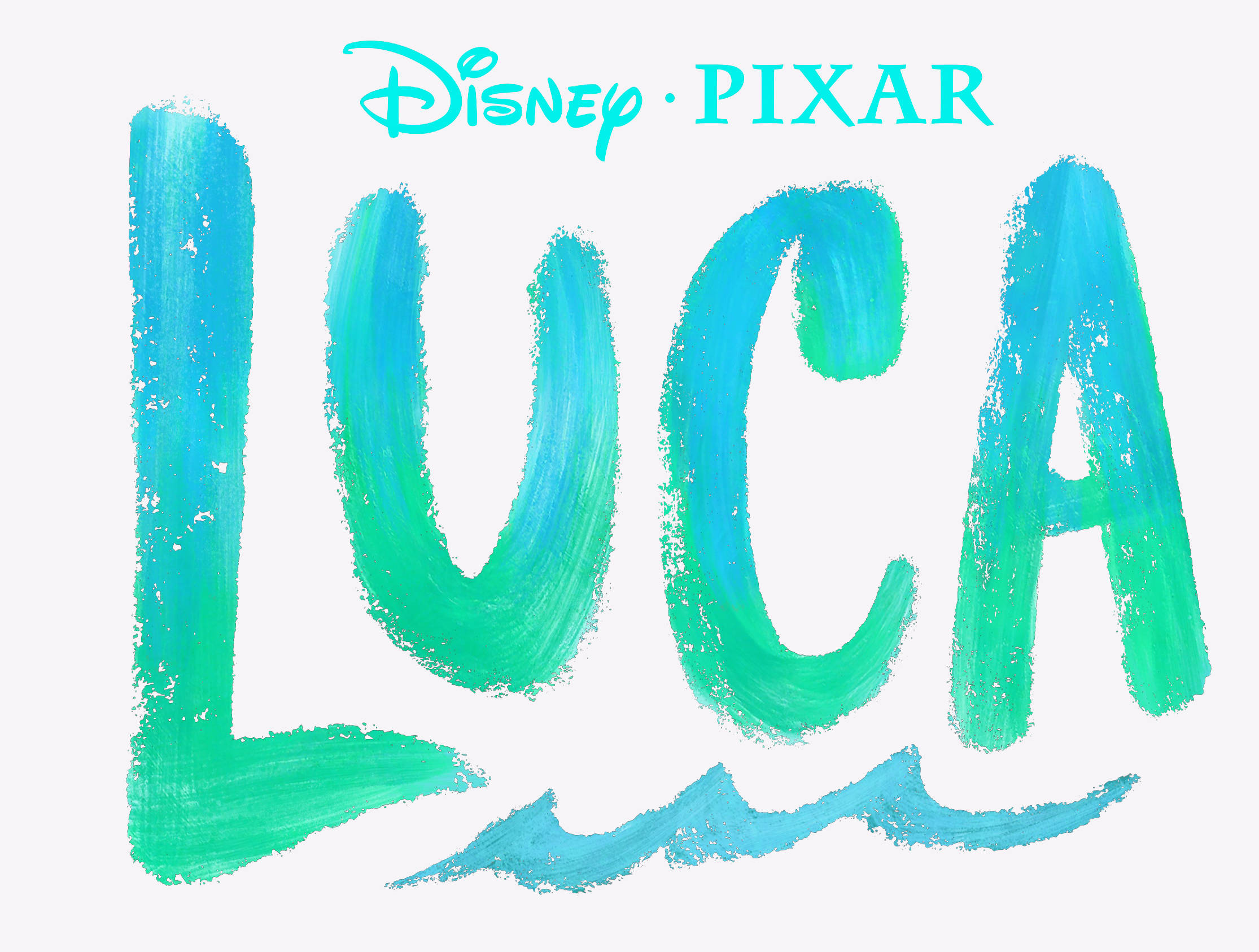 Pixar Luca 桌布 壁紙 — 白色背景上，大膽的筆觸字母以藍綠色和綠色拼出LUCA，上方有迪士尼皮克斯標誌。