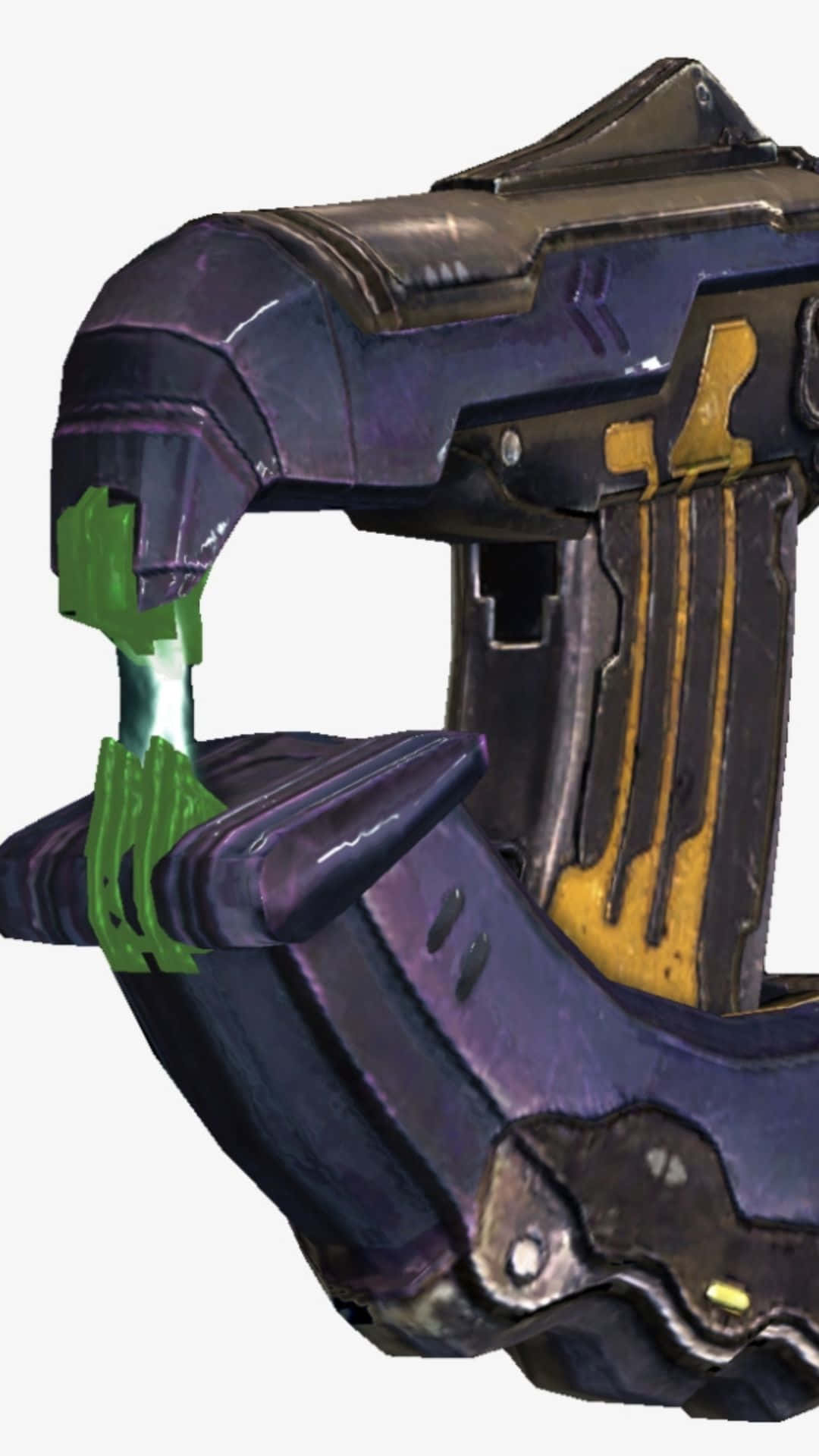 Plasma Rifle 桌布 壁紙 — 白色背景上，帶有綠色發光點綴的未來感紫色和金色科幻武器的特寫。