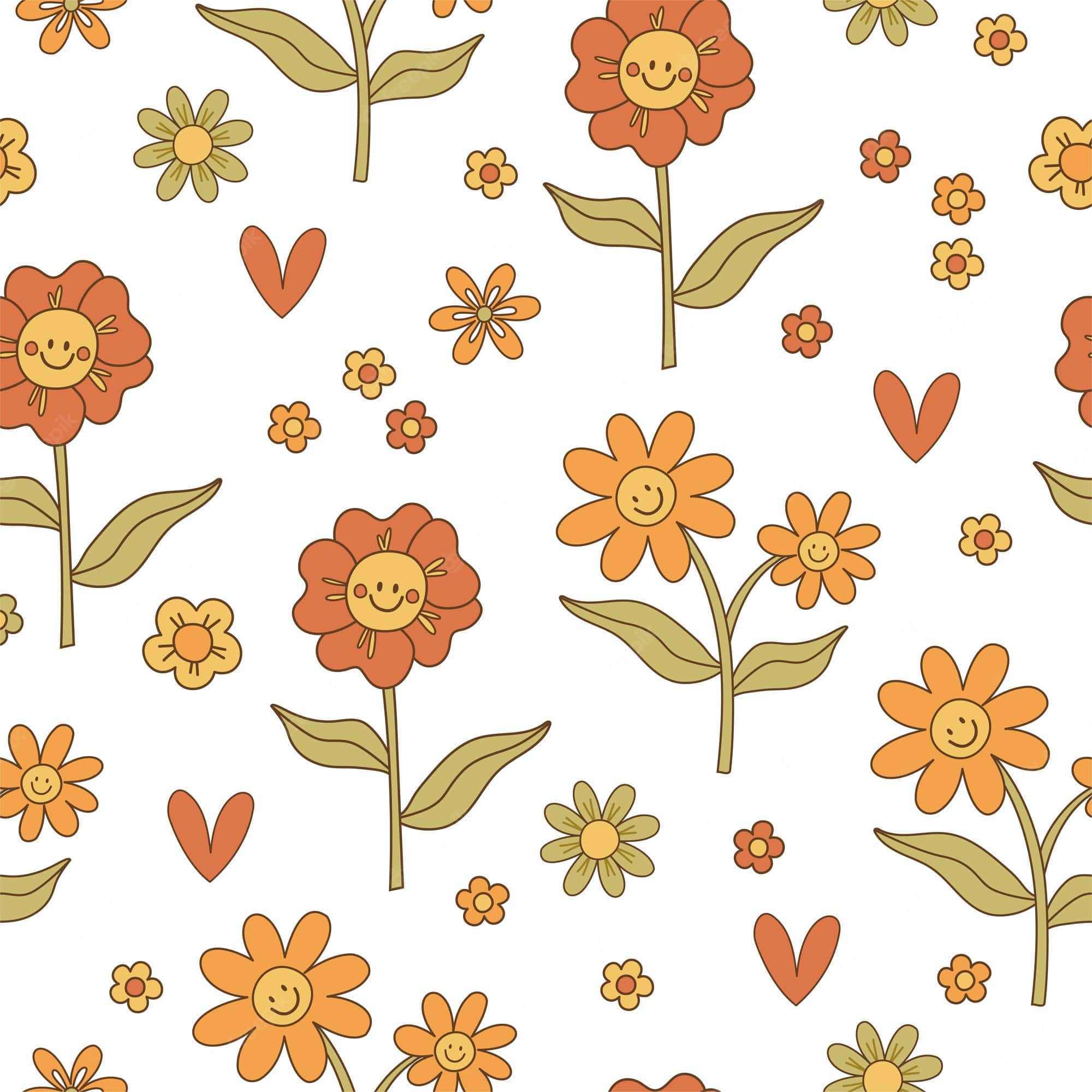 Cute Flower 桌布 壁紙 — 白色背景上，帶有綠色葉子和心形的微笑橙色和黃色花朵的歡樂圖案。