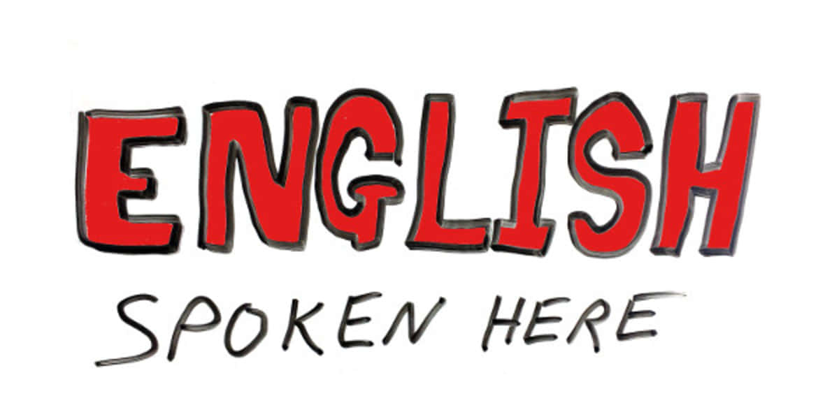 Learning 桌布 壁紙 — 白色背景上，帶有黑色輪廓的粗體紅色手繪「ENGLISH」文字，下方有草書「SPOKEN HERE」。