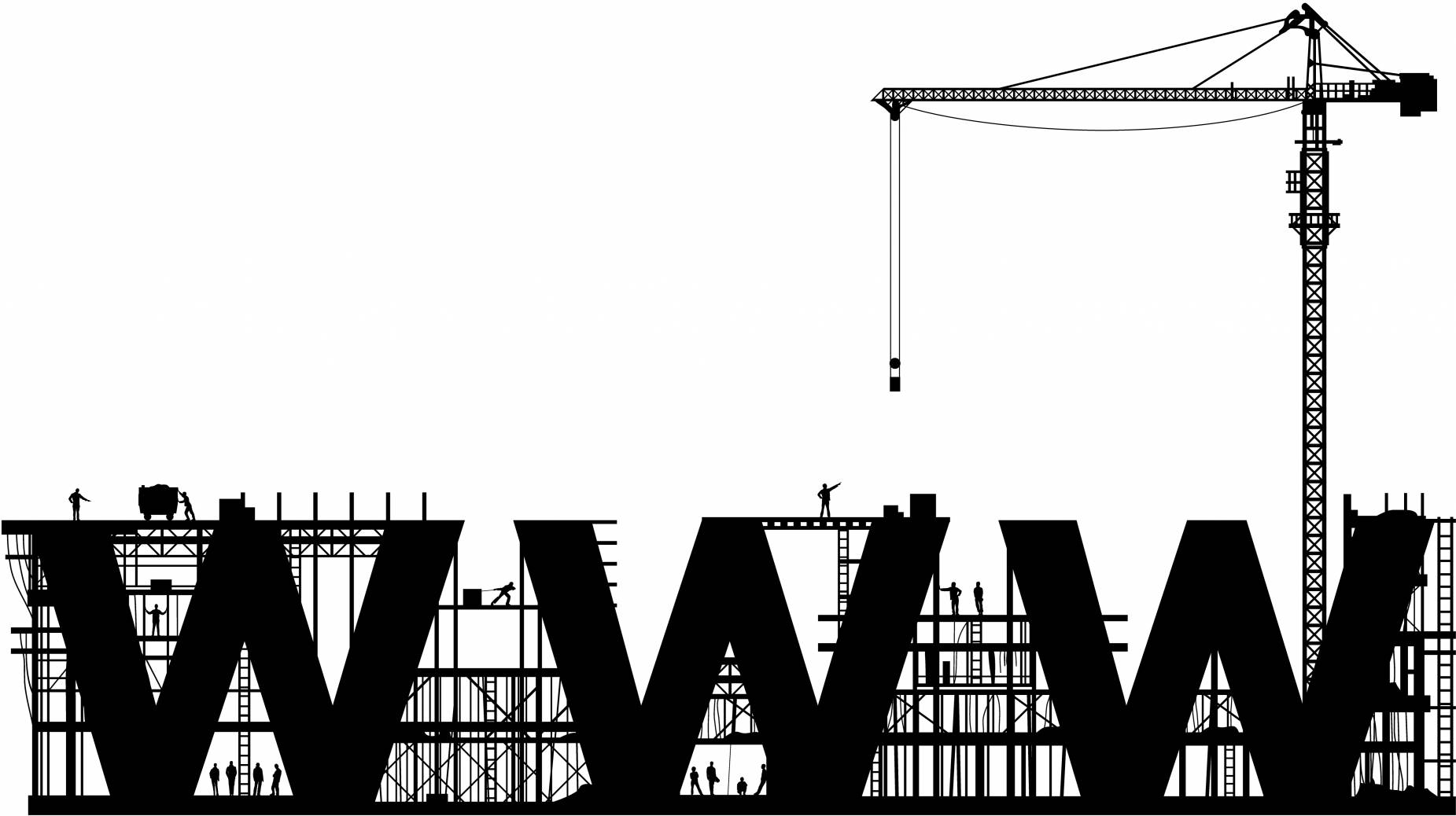 網站 桌布 壁紙 — 白色背景上，建築工人用起重機建造巨型 WWW 字母的剪影。