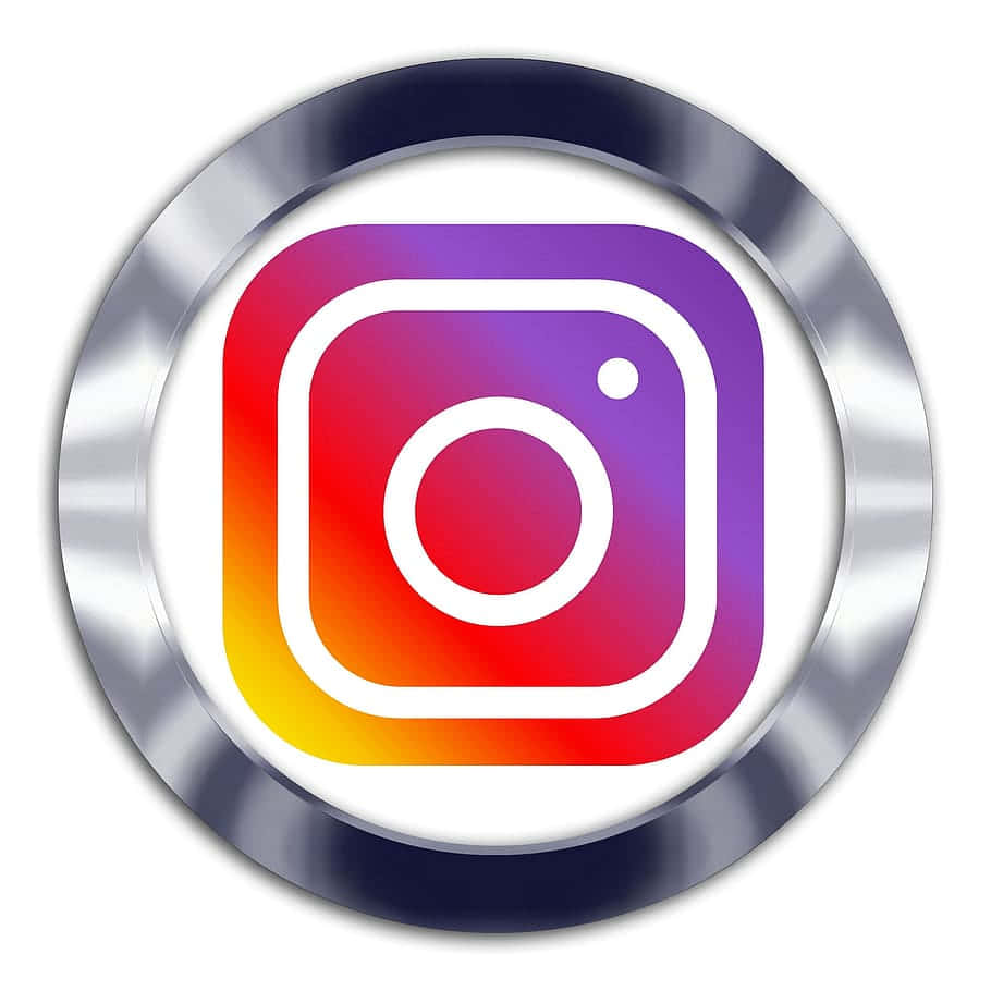 Logo Design 桌布 壁紙 — 白色背景上，拉絲金屬圓形框架內帶有鮮豔漸變色彩的Instagram標誌。