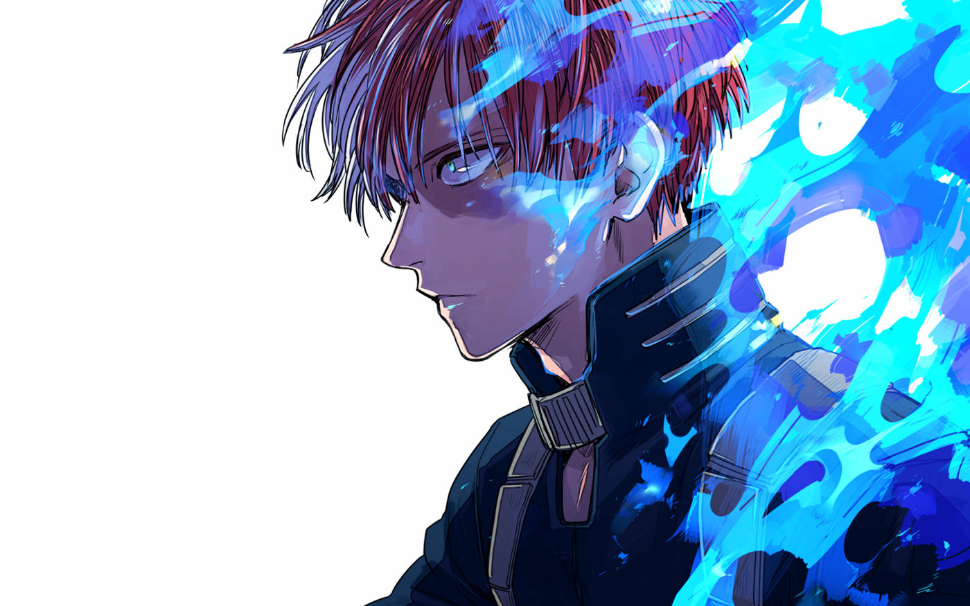 Anime Blue Boy 桌布 壁紙 — 白色背景上，擁有紅髮和藍色能量光環的動漫角色動態側面輪廓。
