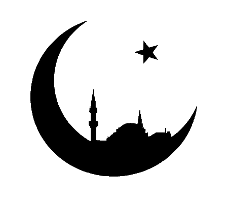 muslim 桌布 壁紙 — 白色背景上，新月和星星內嵌套的清真寺宣禮塔和圓頂的黑色剪影。
