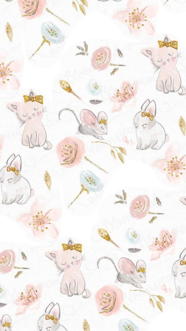 Cute Easter iPhone 桌布 壁紙 — 白色背景上，柔和的粉紅色和藍色花朵中，有可愛的粉彩水彩小貓和兔子，繫著金色蝴蝶結。