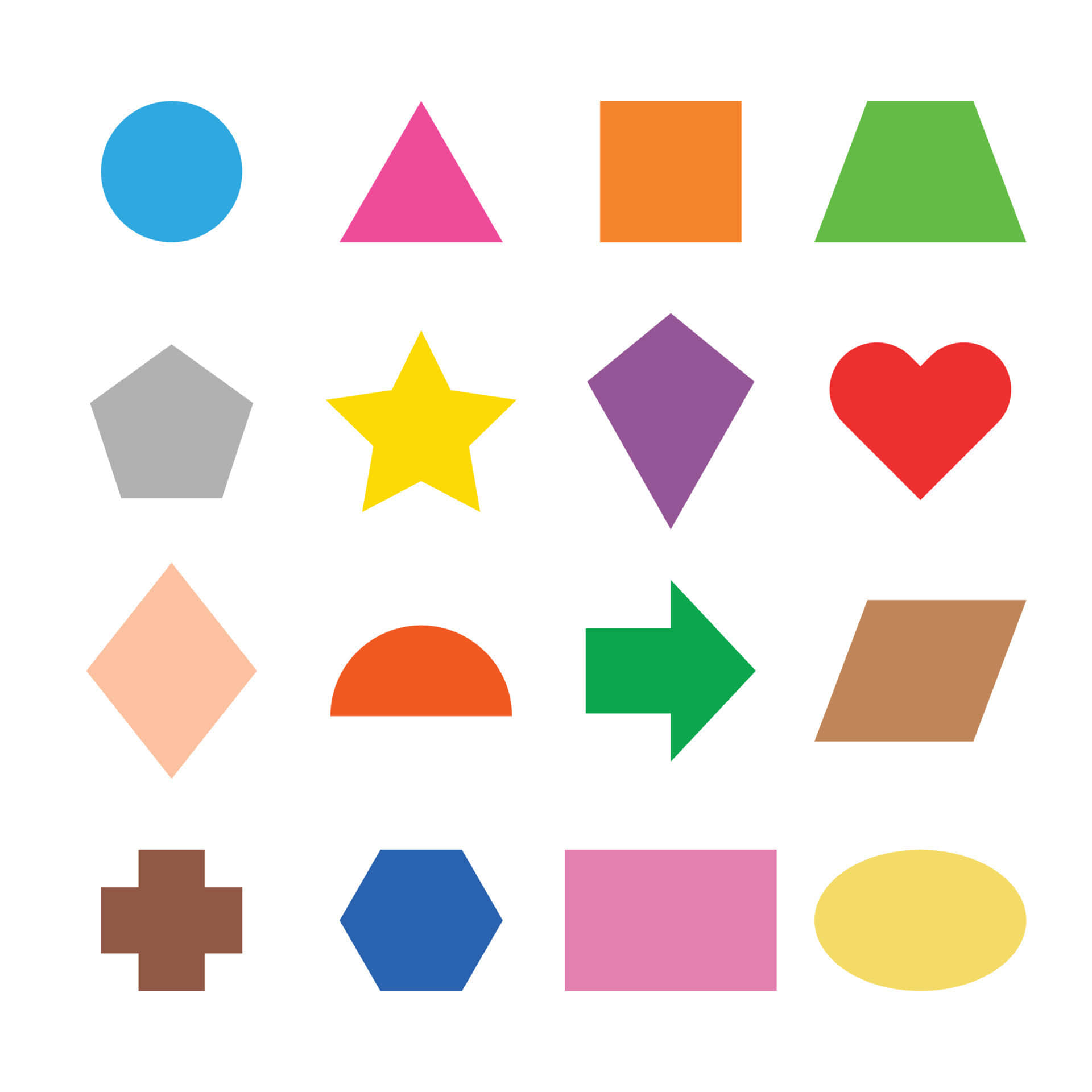 Shapes 桌布 壁紙 — 白色背景上，由圓形、三角形、正方形、心形和箭頭等彩色平面幾何形狀組成的網格。