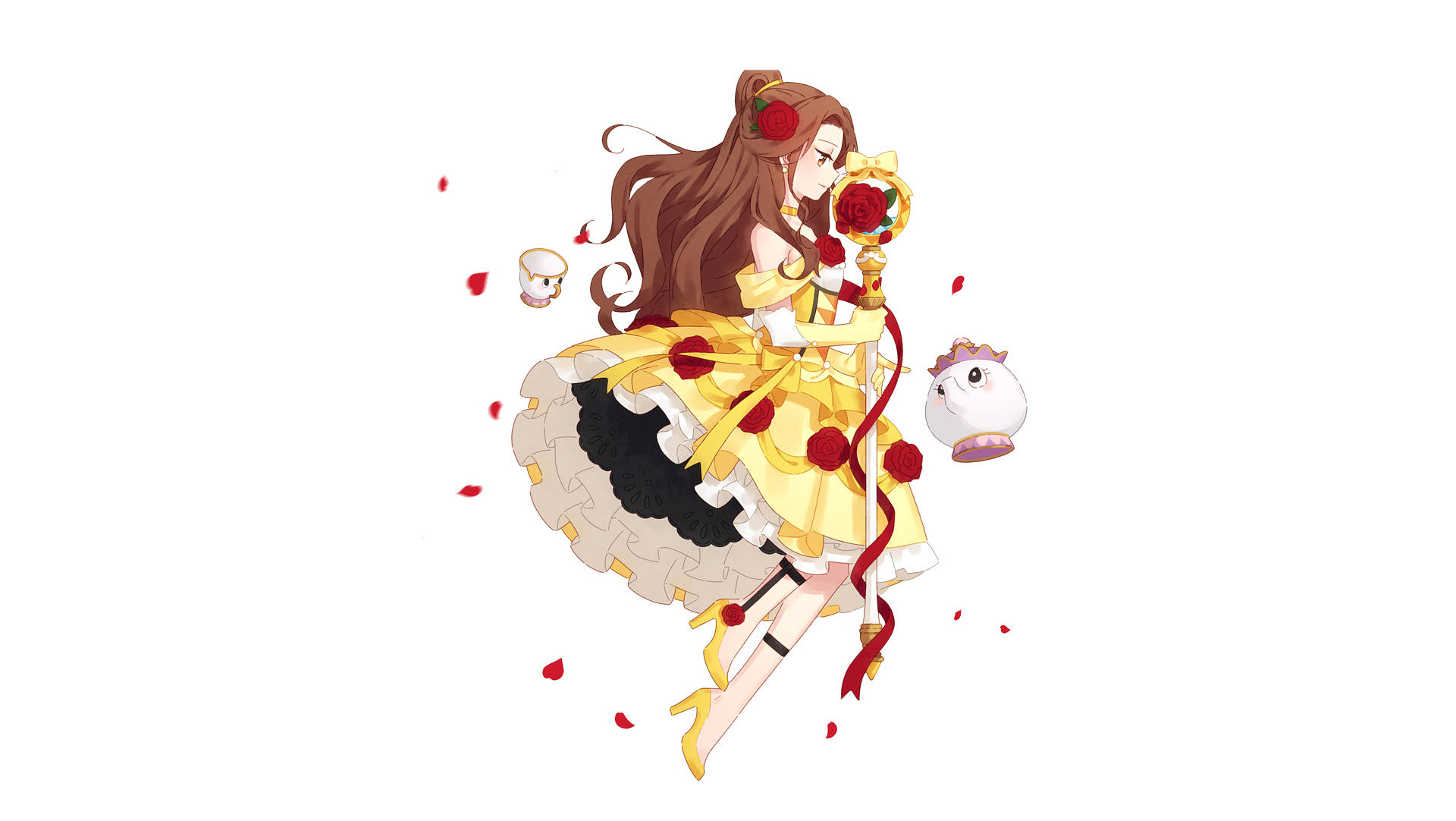 Belle 桌布 壁紙 — 白色背景上，穿著黃色連衣裙的動漫女孩，紅玫瑰和漂浮的茶杯。