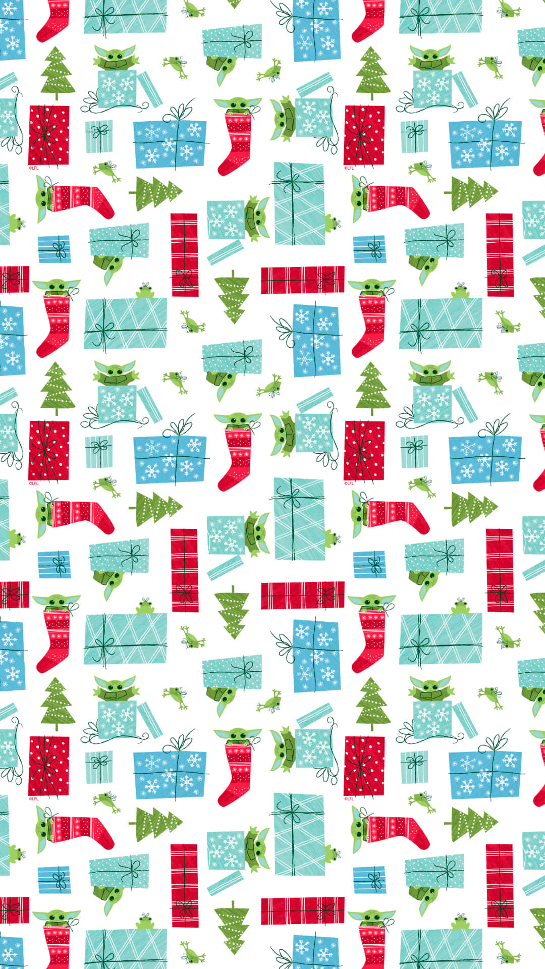 Christmas Pattern 桌布 壁紙 — 白色背景上，節日尤達從紅色和藍色禮物盒中探出頭來，搭配聖誕襪和樹木的重複圖案。