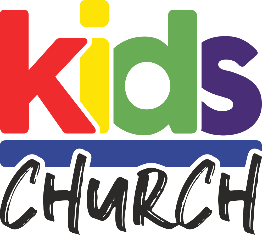 教堂 桌布 壁紙 — 白色背景上，粗體黑色「CHURCH」上方帶有藍色底線的鮮豔彩虹色「kids」文字。