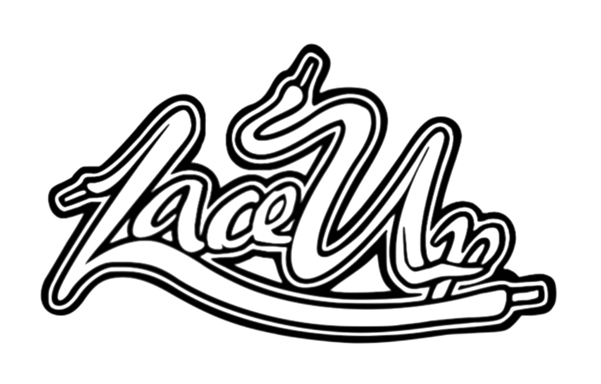Lace 桌布 壁紙 — 白色背景上，粗體黑色輪廓塗鴉風格文字寫著「Lace Up」，並將運動鞋鞋帶融入設計中。