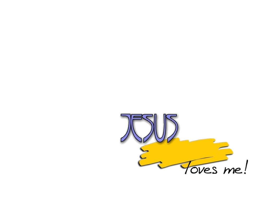 桌布 壁紙 — 白色背景上，紫色風格字體的「Jesus」一詞，搭配黃色筆觸和黑色草書的「loves me」短語。