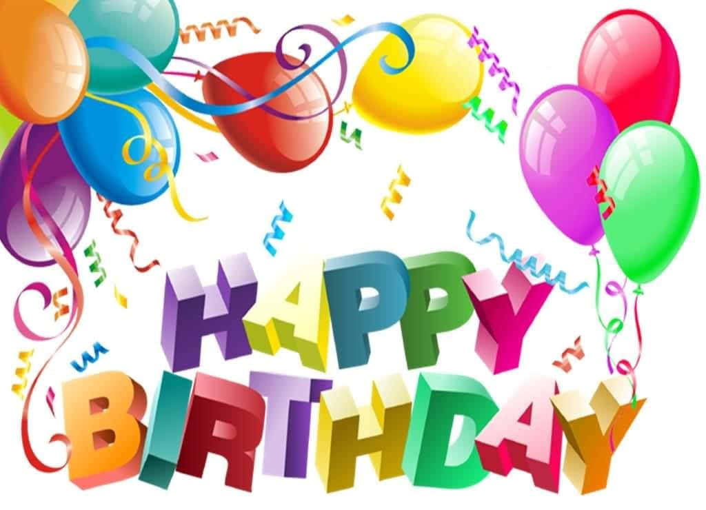 Birthday Wishes 桌布 壁紙 — 白色背景上，色彩繽紛的氣球和旋轉的紙屑環繞著充滿活力的3D生日文字。