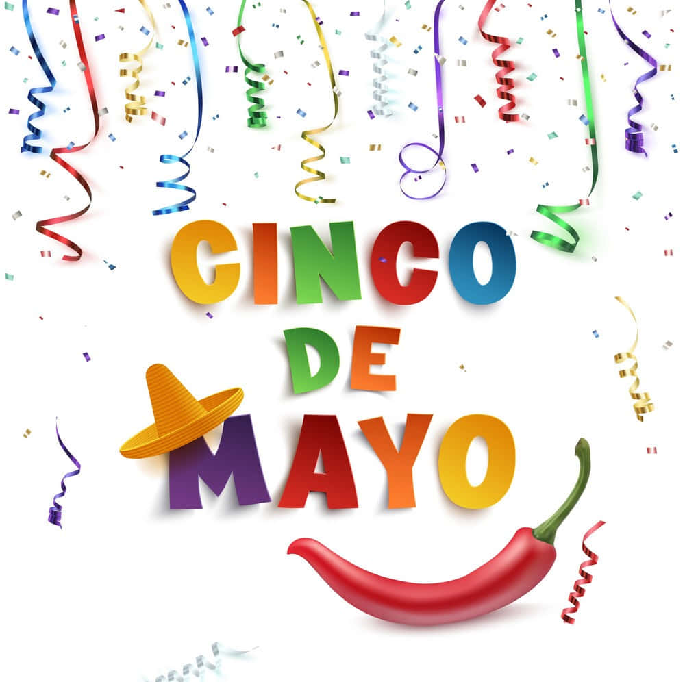 Fiesta 桌布 壁紙 — 白色背景上，色彩繽紛的紙屑彩帶和微笑的辣椒，充滿活力的五月五日節慶祝。
