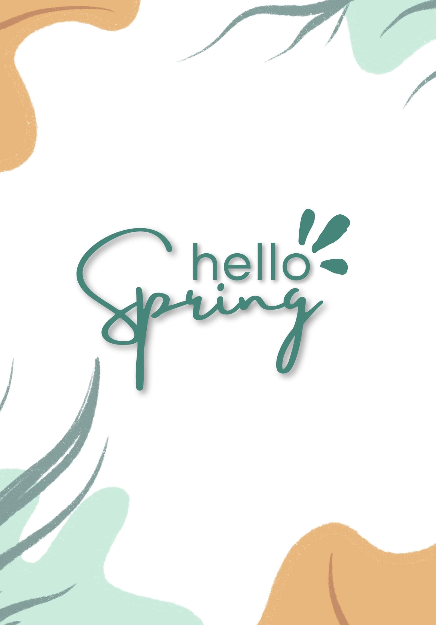 Spring Aesthetic 桌布 壁紙 — 白色背景上，薄荷色和陶土色的抽象葉形環繞著一個歡快的綠色手寫體「hello Spring」文字。