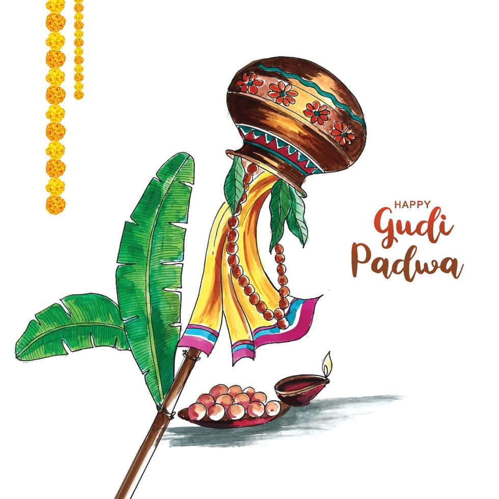 Gudi Padwa 桌布 壁紙 — 白色背景上，裝飾著香蕉葉和珠子的古迪（gudi）以及點燃的迪亞（diya）的節日插圖。