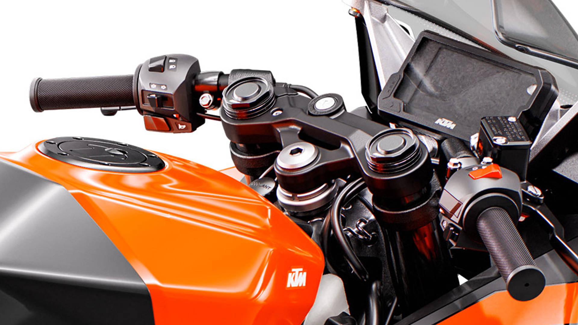 KTM RC 200 桌布 壁紙 — 白色背景上，運動機車把手和橙色油箱的特寫。