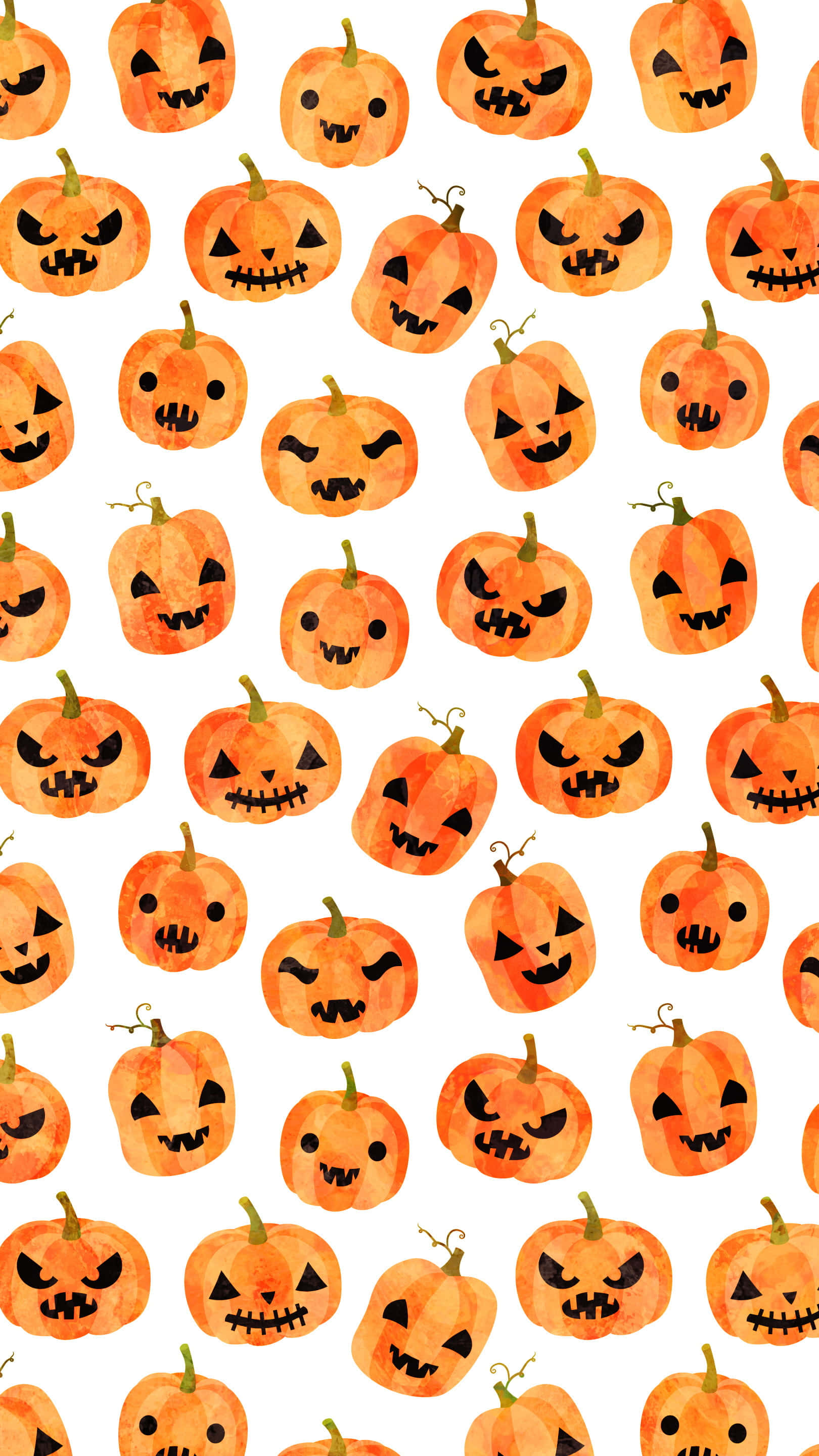 Cute Pumpkin iPhone 桌布 壁紙 — 白色背景上，重複圖案的水彩橙色南瓜燈，帶有各種恐怖面孔。
