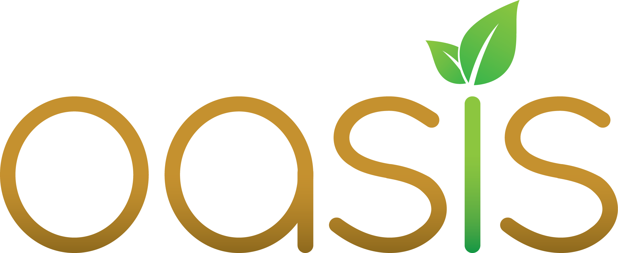 綠洲 桌布 壁紙 — 白色背景上，金色漸層字體寫著「oasis」字樣，頂部有兩片綠色葉子。