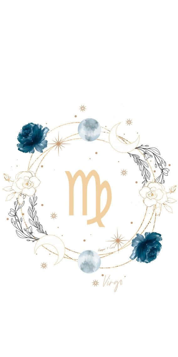 星座 桌布 壁紙 — 白色背景上，金色處女座星座符號被藍色玫瑰、月亮和星星環繞。