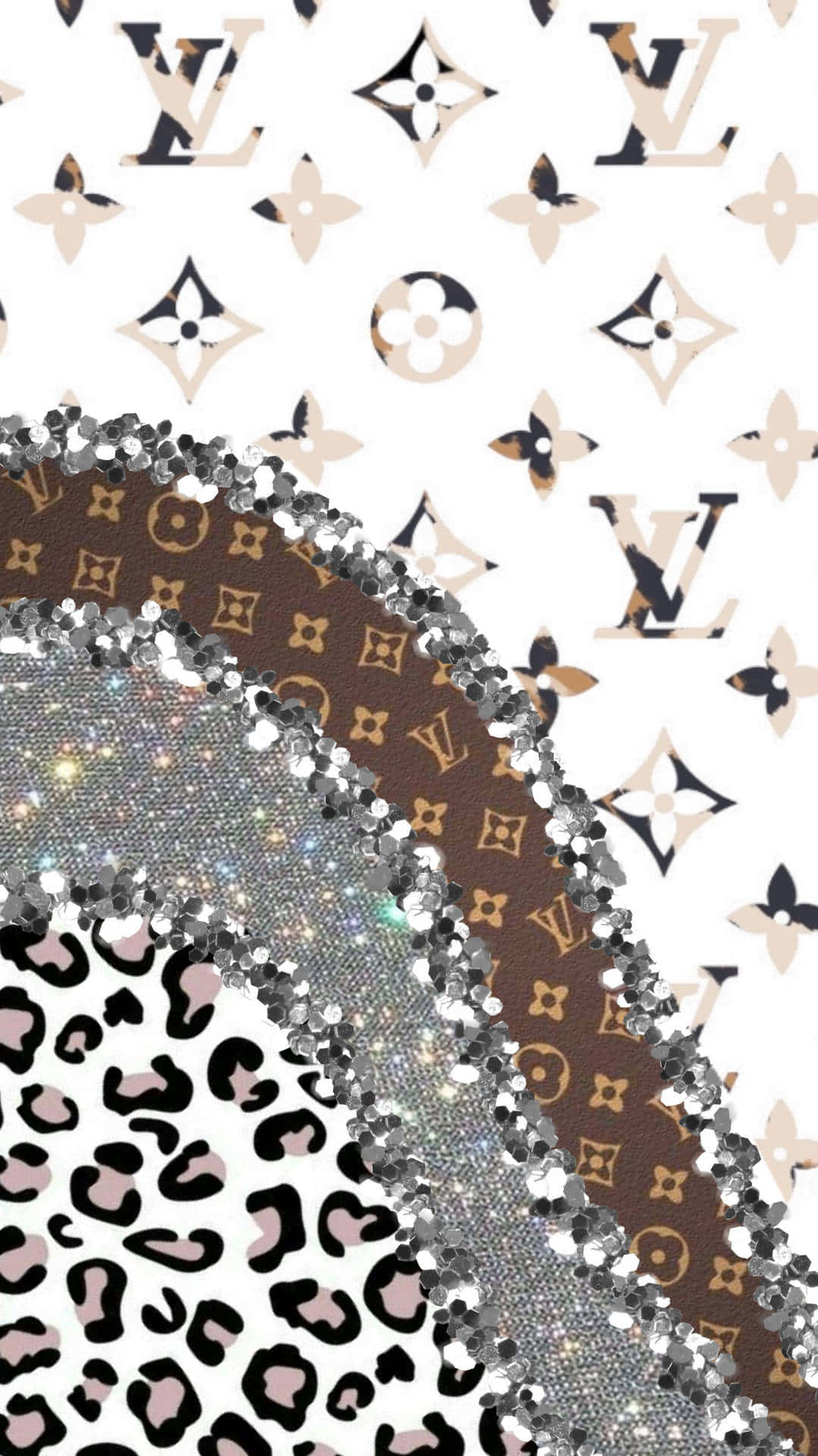 crystals 桌布 壁紙 — 白色背景上，閃爍的銀色亮片邊框分隔了棕色 Louis Vuitton 字母圖案和粉紅色豹紋圖案。