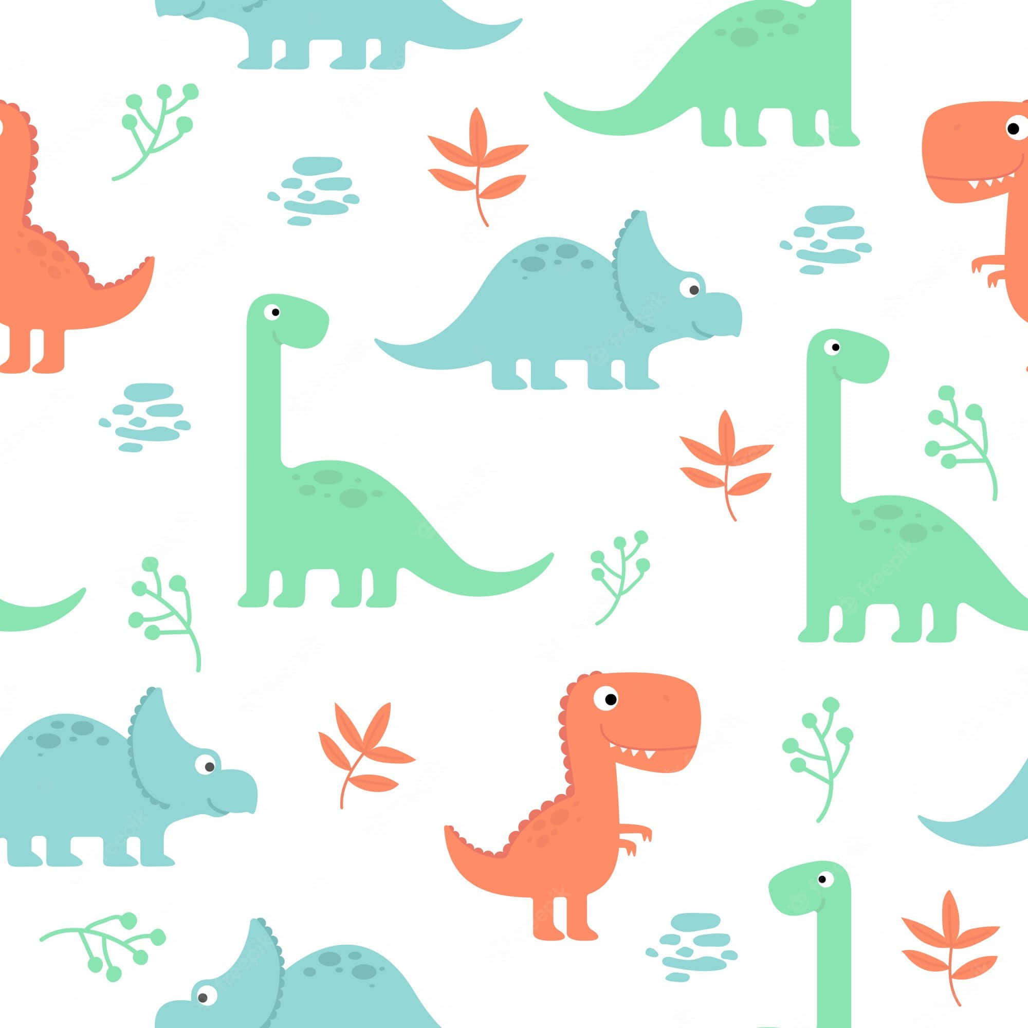 Cute Dinosaur 桌布 壁紙 — 白色背景上，青色和珊瑚色的可愛卡通恐龍，搭配簡單的葉子。