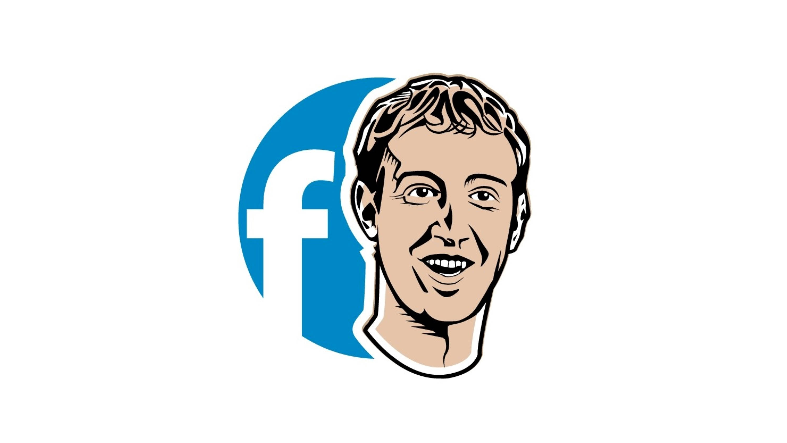 Zuckerberg 桌布 壁紙 — 白色背景上，馬克·祖克柏微笑站在藍色Facebook標誌旁邊的插圖肖像。