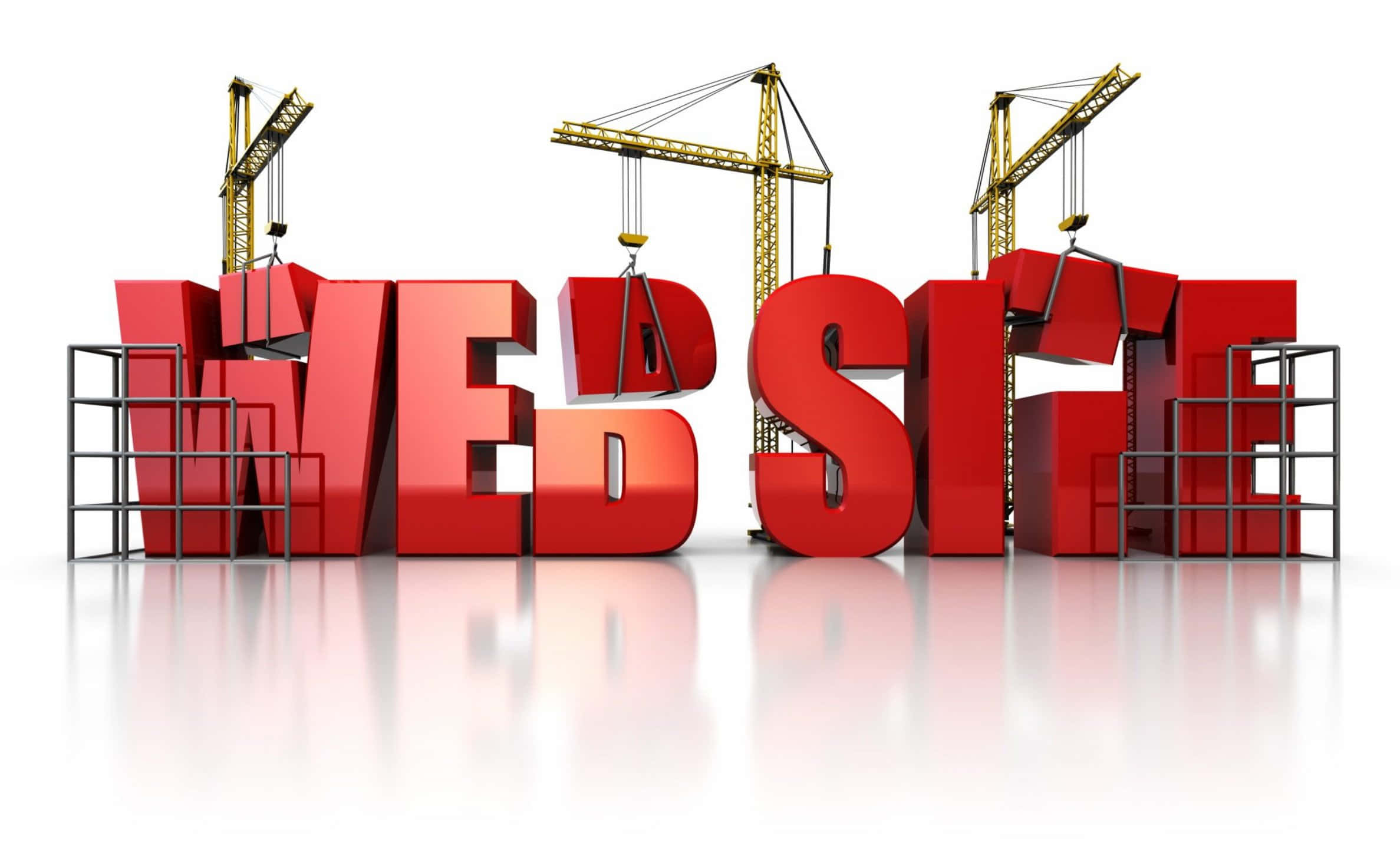 網站 桌布 壁紙 — 白色背景上，黃色建築起重機正在組裝拼出 website 的醒目紅色 3D 字母。