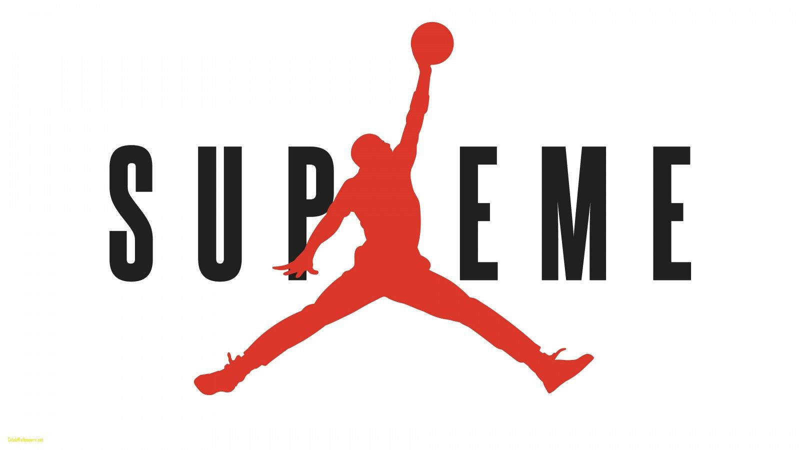 籃球 Jordan 桌布 壁紙 — 白色背景上，黑色Supreme標誌中融入了一個紅色籃球運動員在空中持球的剪影。