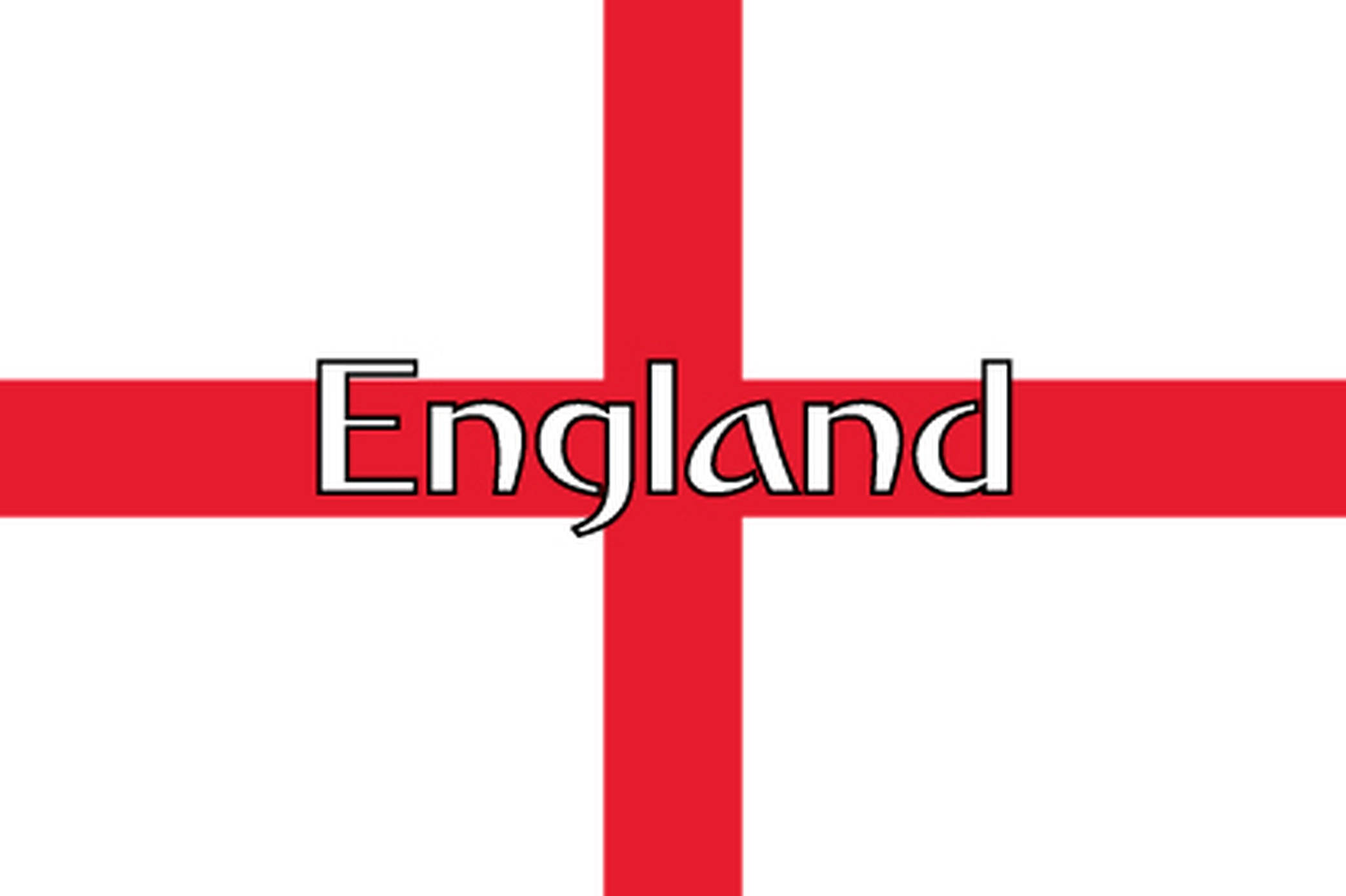 England Flag 桌布 壁紙 — 白色背景上一個大膽的紅色十字，帶有風格化的白色文字「英格蘭」。
