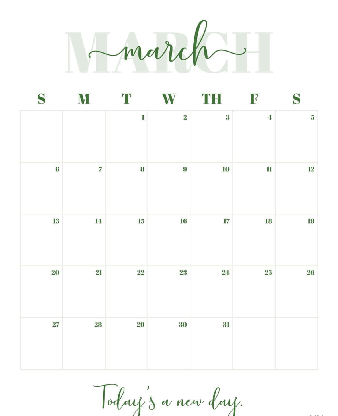 March 桌布 壁紙 — 白色背景上以柔和綠色字體書寫的簡約三月日曆，底部附有勵志語句。